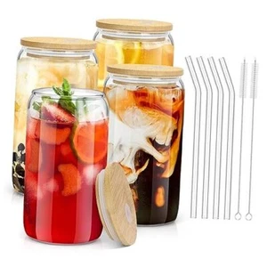 PCS Glass Cups with Bamboo Lids and Straws, 16OZ Ice Coffee Cup, Drinking Cup 4 - Picture 1 of 8