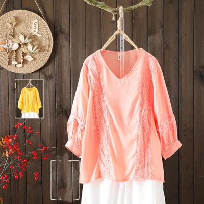 Ethnic Women Cotton Linen Blouse Top Lace Spliced 3/4 Sleeve Casual Summer Retro - Image 1 of 4