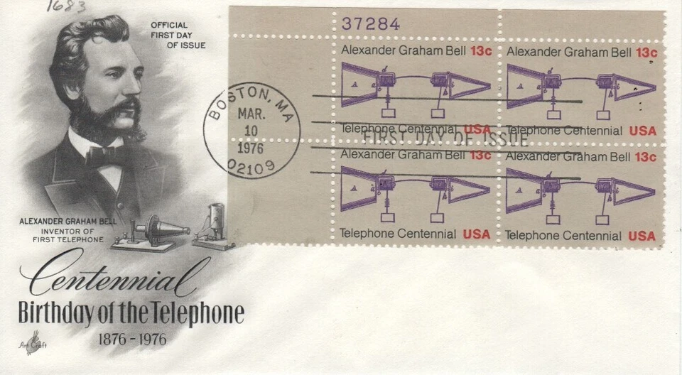 1683  13c  TELEPHONE CENTENNIAL - AC - Plate block of 4 - Image 1 of 1