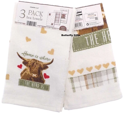 Pack Of 3 Tea Towels Highland Cow 100% Cotton Kitchen Dish Cloth Towel - Image 1 of 4