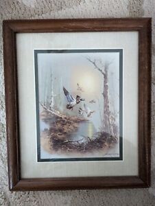 Vintage Andres Orpinas Print "Flying Ducks" Matted Framed and Signed 11"x13"