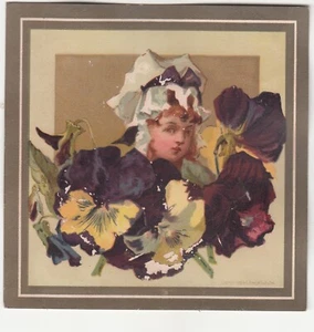Girl in White Bonnet Purple Yellow Pansies No Advertising Vict Card c1880s - Picture 1 of 2