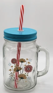 15.5oz Flowers - Mason Drinking Jar with Handle and Straw - Picture 1 of 2