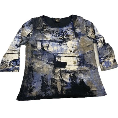 Katina Marie Shirt XL Floral Black Blue Rhinestone Top Floral Made In USA - Image 1 of 4