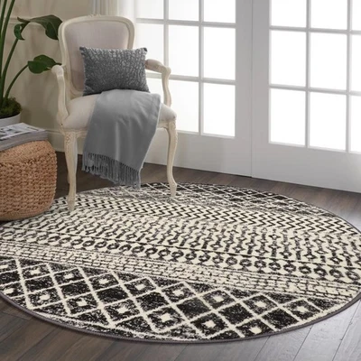 Moroccan Washable Round Area Rug, 4ft Non-Slip Distressed Black Area Rug for ... - Image 1 of 4