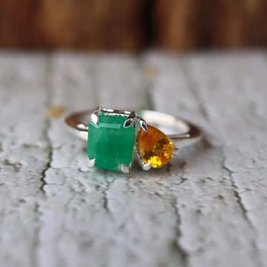 Anillo Esmeralda, Anillo de Montura con Punta de Citrino Amarillo, Joya de Plata de Ley 925 Sólida - Imagen 1 de 8