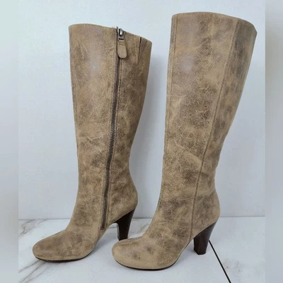 Fossil Women's Taupe Distressed Genuine Leather Knee High Heel Boots, Sz 7 - Image 1 of 4