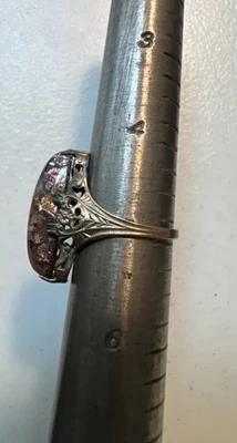 Very Vintage UNCAS Foil Glass Filigree Ring, Size 5, 7/8” Tall - Silver Plate - Image 1 of 4