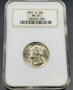 1951 S 25C Washington Quarter Coin NGC MS67 GEM BU OFH OLD FAT HOLDER RETRO Tone - Picture 1 of 5