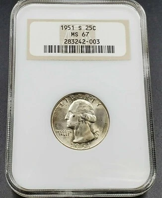 1951 S 25C Washington Quarter Coin NGC MS67 GEM BU OFH OLD FAT HOLDER RETRO Tone - Image 1 of 4