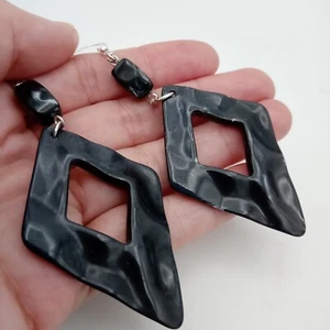 Black Geometric Statement Earrings Large Kite shape Textured dangles Biker Goth - Picture 1 of 10