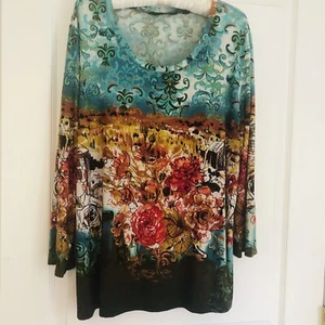 Womens 2x top 3/4 sleeve Color Drenched Artsy Stretch Top - Picture 1 of 5