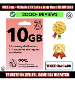 10GB Data Three sim card Pay As You Go With Unlimited Mins & Texts Preloaded Sim - Picture 1 of 1