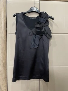 Dolce& Gabbana Silk Black Bow Sleeveless Lace Trim Top Tank Blouse Dress Sz 38 - Picture 1 of 16
