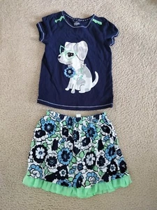 2 Piece Skirt Set Outfit Girls Size 8 Green Floral Ruffles Navy Puppy Shirt - Picture 1 of 8