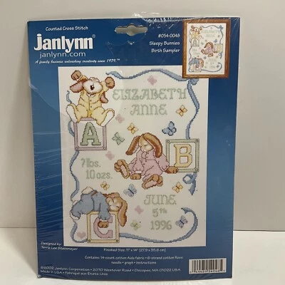 NIP Janlynn Counted Cross Stitch Kit Sleepy Bunnies Birth Sampler 11x14 #54-48 - Image 1 of 4