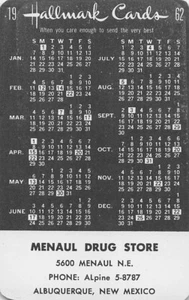 Vintage 1962 Kalender Menual Drogerie Albuquerque, NM 2,5x4 Zoll - Bild 1 von 2