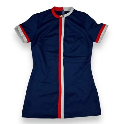 "Vestido Mod Vintage Años 60/70 Para Mujer Azul Marino Rojo Gris Rayas Poliéster Scovill 36""" Foto 1 de 4