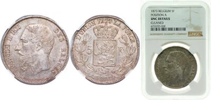 Belgium 1873 5 Francs Silver 900 NGC UNC - Picture 1 of 1