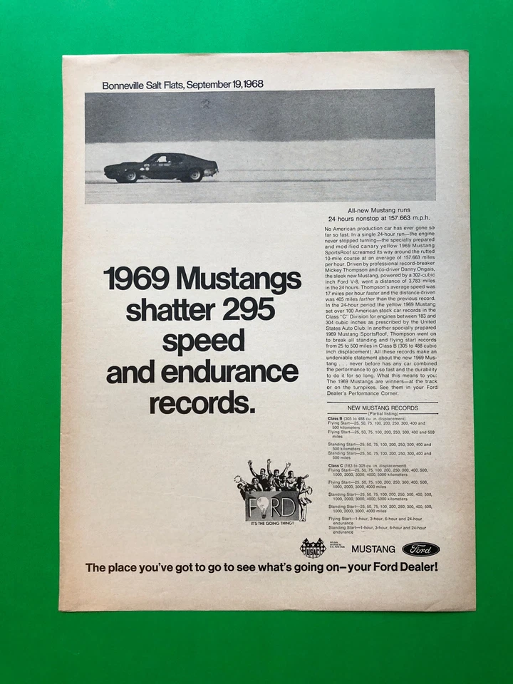 1969 FORD MUSTANG FASTBACK ORIGINAL VINTAGE PRINT AD ADVERTISEMENT BONNEVILLE - Image 1 of 1