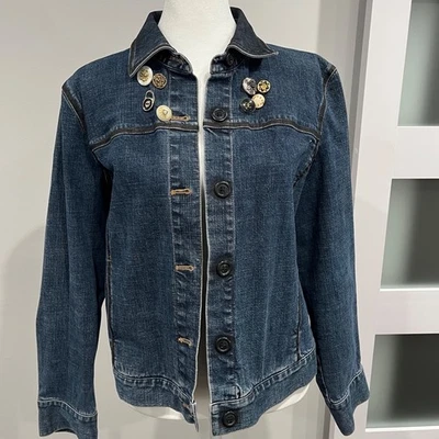Upcycled Ann Taylor Petites Denim Jacket Embellished Buttons Hand Painted Face - Image 1 of 4