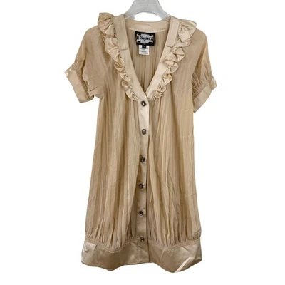 Meghan Los Angeles 100% Silk Dress WOMEN 8 Pleated Ruffle Short Sleeve CHAMPAGNE - Image 1 of 4