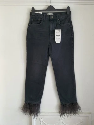 Zara Black Crop Feather Trim Jeans, UK Size M 12 New Detachable Feather Slim - Image 1 of 4