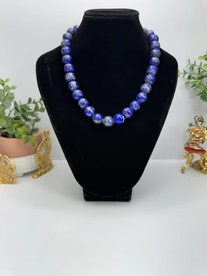 "Collar de cuentas azul lapislázuli vintage 12 mm piedras redondas 17"" declaración audaz" Foto 1 de 4