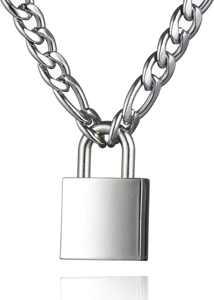 Dibola Padlock Necklace Stainless Steel Lock Chain for Men Women Silver 18 Inch