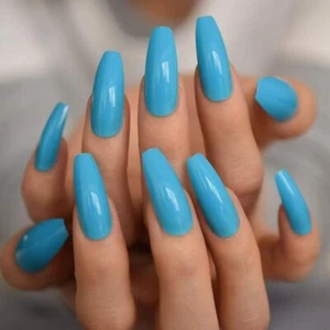 Blue Press On Nails Extra Long Coffin Ballerina Glue On Acrylic Fake Nails Set - Picture 1 of 5