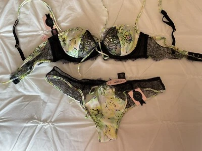 Victoria's Secret Designer 34B BRA 套装 M 内裤 幻想岛 绿色 黑色 丝绸 — 第 1/4 张图片