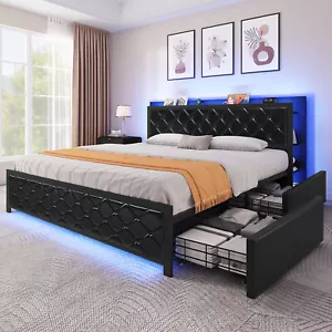 Queen Bed Frame Upholstered Platform w/RGB LED Lights Headboard&4 Storage Drawer - Picture 1 of 7