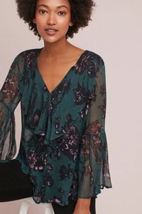 NWT Anthropologie Femme Ruffled Blouse, by FeatherBone - Pink motif, size XSP - Picture 1 of 1