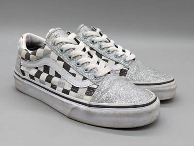 Vans Old Skool Zapatos Deportivos Parte Superior Baja Plateados Brillo Cuadros Talla Hombres 5.5 W 7.5 Foto 1 de 4