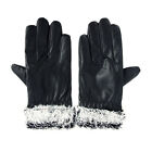 Women Rabbit Fur Trim Warm  PU Leather Gloves Lined Wrist Gloves New Black