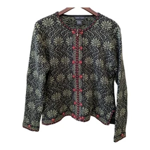 Nomadic Traders zip Nordic cardigan sweater size medium black green Fair Isle - Picture 1 of 6