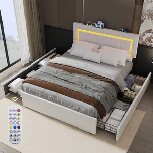 4FT6 STORAGE UPHOLSTERED BED FRAME DOUBLE WITH USB PORT & LED LIGHT,4 DRAWER - Picture 1 of 15