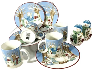Debbie Mumm Winter Wonders Snowman Ceramic Luncheon Set w/ Tea Light holders - Picture 1 of 11
