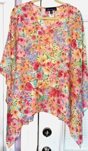 NWOT 3X SUSAN GRAVER SHADES OF ORANGE AQUA LAVENDER FLORAL PONCHO TOP #JY05 - Picture 1 of 11