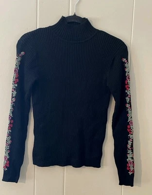 Suéter Vintage Y2K Acanalado Cuello Alto Talla Pequeña Floral Bordado Negro Mujer Foto 1 de 4