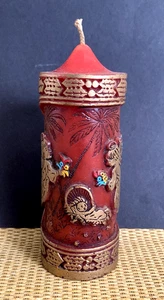 Vtg Christmas Pillar Candle Carved & Painted Jesus Manger Angels 6” Gold Unlit - Picture 1 of 14