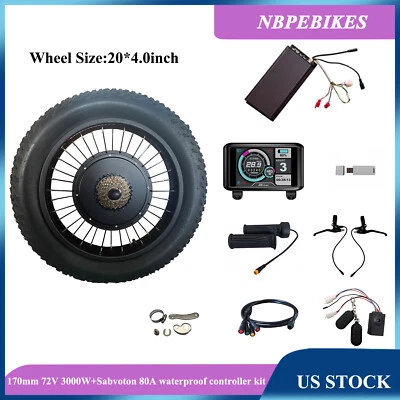 NBPOWER US Stock:170mm 72V 3000W hub motor wheel+Sabvoton 80A waterproof controller kit.
