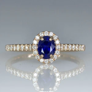 Natural Unheated Blue Sapphire Ring Diamond Halo Ring in 18K Rose Gold - Picture 1 of 6