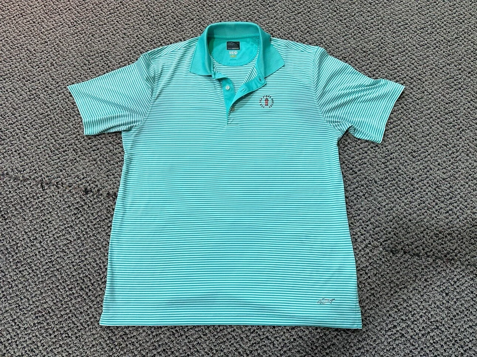 Camisa de golf Greg Norman grande para hombre hecha en Vietnam rayas verdes/blancas Foto 1 de 4