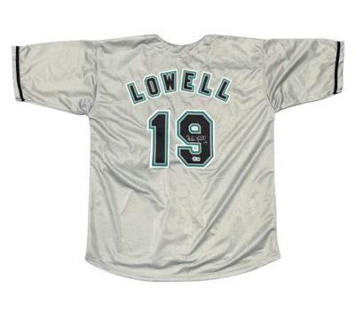 Camiseta personalizada firmada por Mike Lowell de los Marlins de Florida Beckett Witness certificado de autenticidad BAS Foto 1 de 3