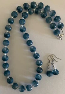 18" Blue and White Glass Beaded Necklace and Earring Set - Picture 1 of 4