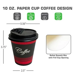 50 Pack-Disposable Poly Paper Hot Tea Coffee Cups with Dome Black Lids 10 Oz. - Picture 1 of 7