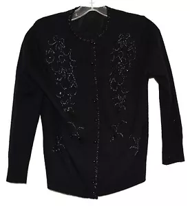 Vintage schwarz mit glänzenden schwarzen Perlen & Pailletten Damen Strickjacke Pullover Gr. S/M - Bild 1 von 4