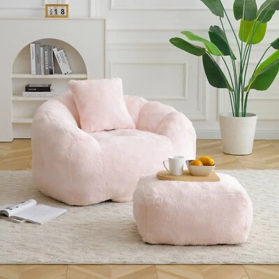 Pink Giant Bean Bag Chair with Footstool, Faux Fur Shell-Shaped Large Chair - Image 1 of 4