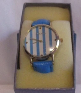STRADA Watch Womens Stripe Faux Leather Band Stainles Steel Blue Original Box - Picture 1 of 5